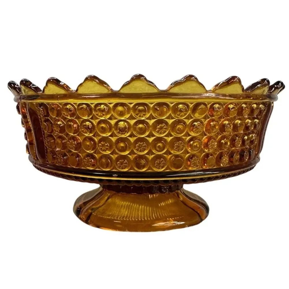Indiana Glass Kings Crown Amber Pedestal Bowl Mid Century Centerpiece